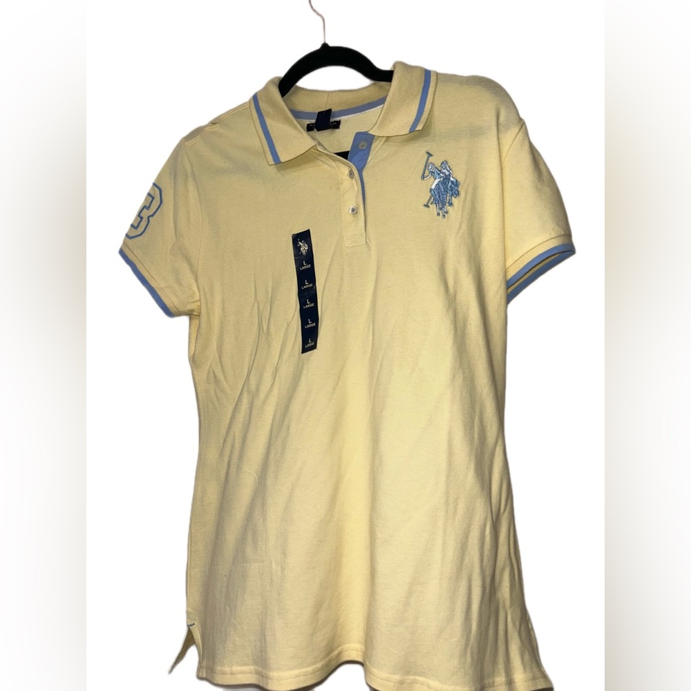NWT Polo Ralph Lauren Yellow Polo with baby blue Logo and outline size Large